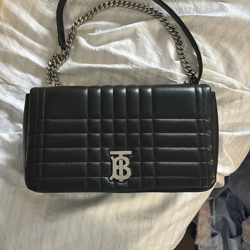 Burberry Black Quilted Leather Shoulder Bag with TB Logo and Silver Chain